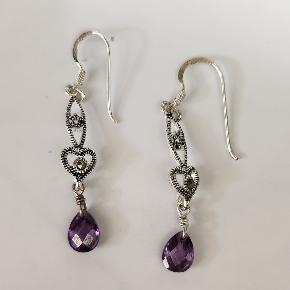 Sterling Silver Amethyst Heart Earrings